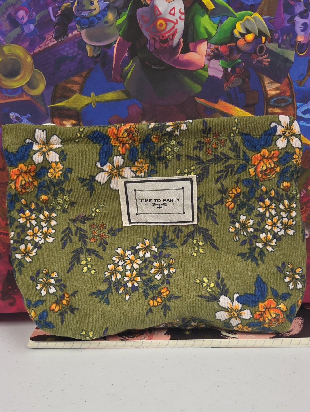 Olive Green Floral Canvas Pouch